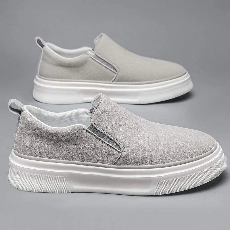 Men's casual cowhide leather shoes in light gray with round toe and foam rubber sole