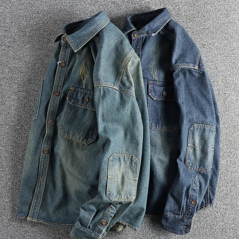 Men's washed vintage denim shirt in light blue and dark blue showing loose cardigan style and long sleeves