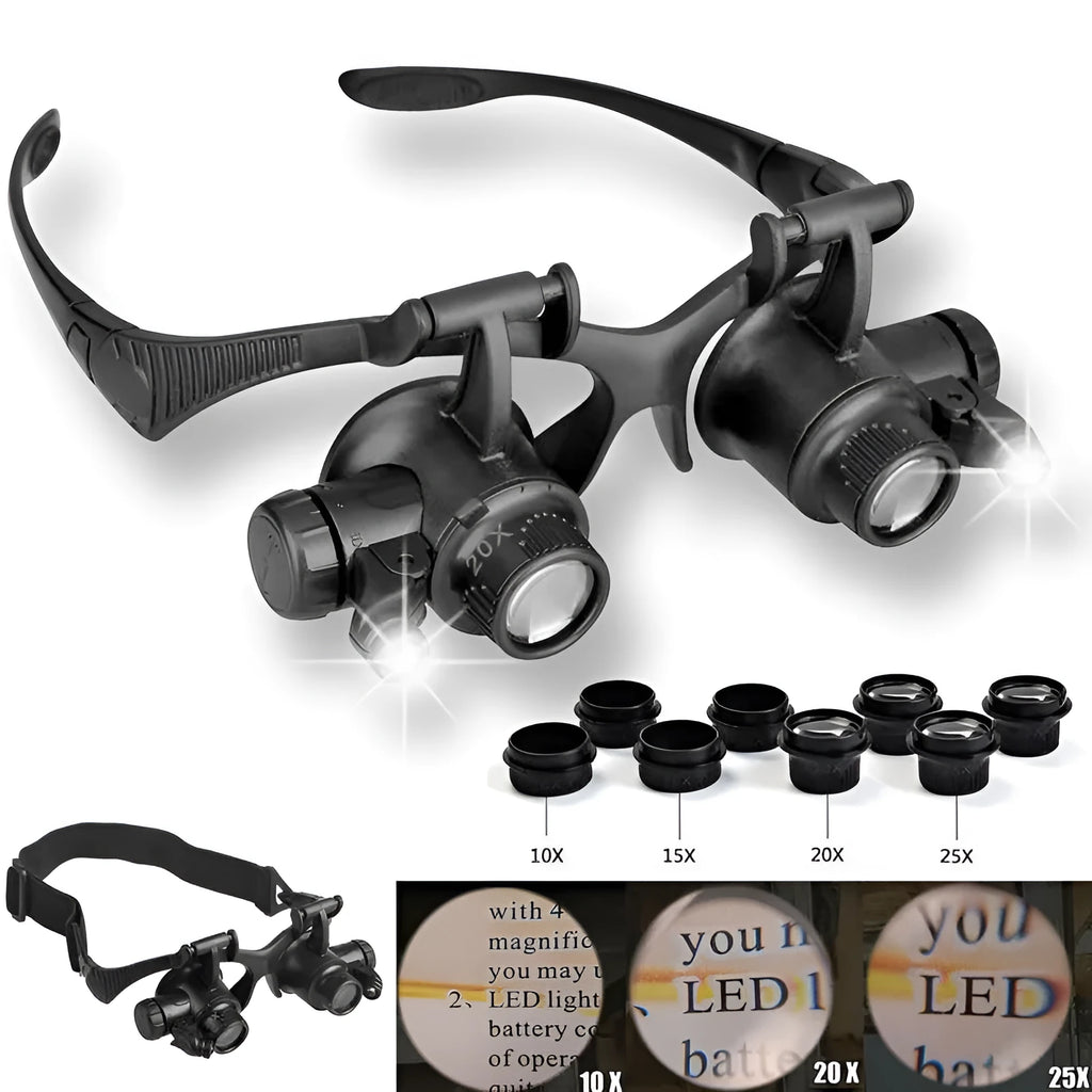 Black hands-free magnifying glasses with LED lights and multiple interchangeable lenses for precision repair work.