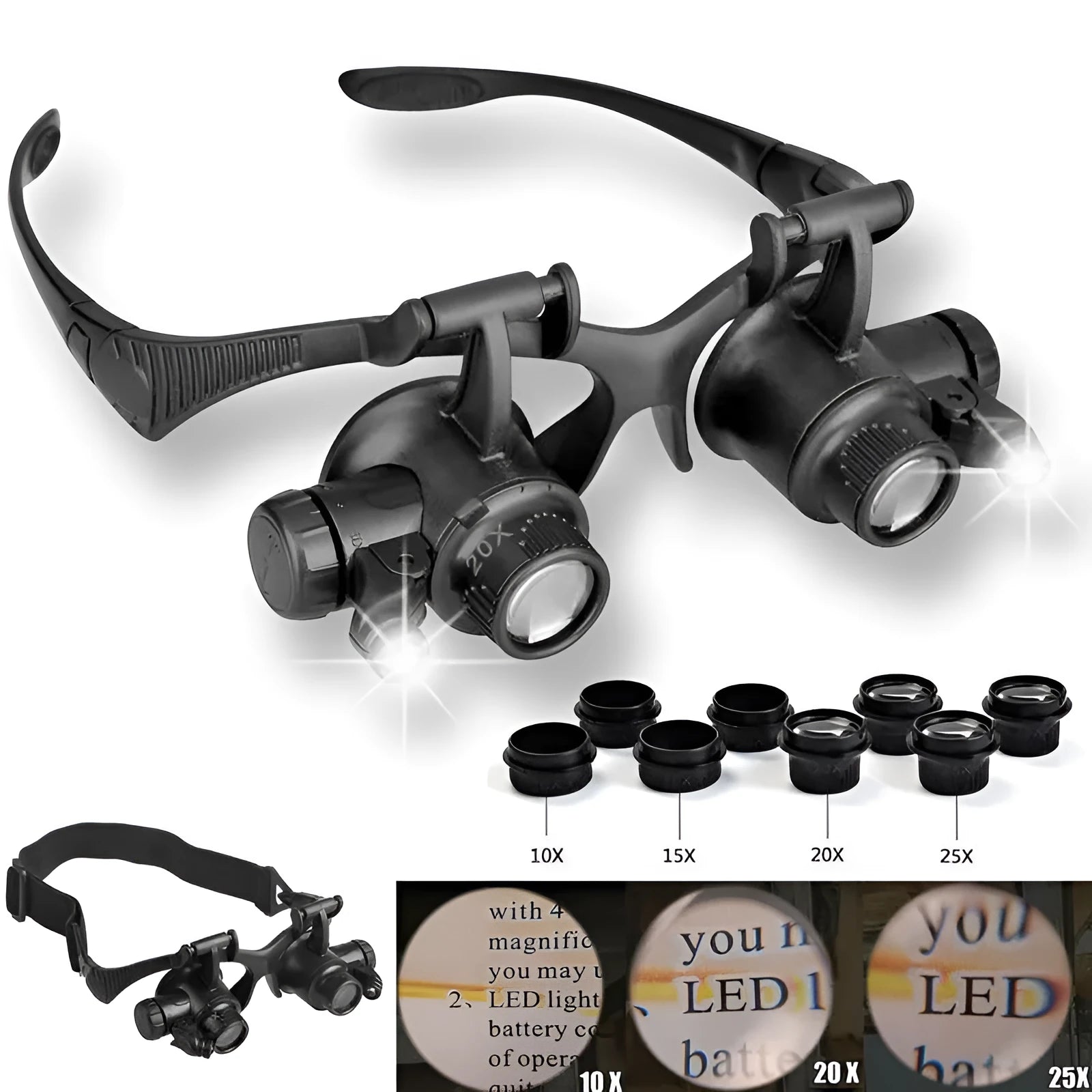 Black hands-free magnifying glasses with LED lights and multiple interchangeable lenses for precision repair work.