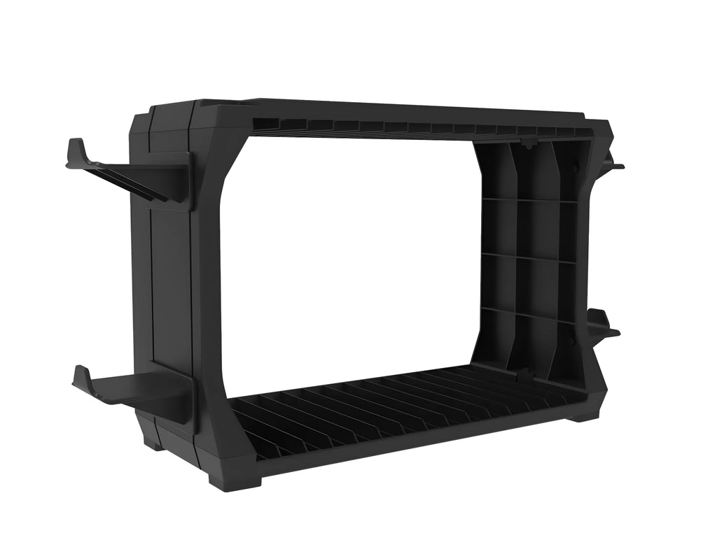 Black PS5 disc holder and stand with slots for game cartridges and four controller docks