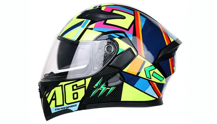 Motorcycle racing helmet with plastic shell, adjustable 55-63cm fit, 38x27cm, in black, blue, green, red, or yellow