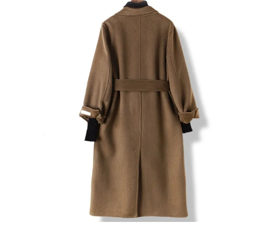 Men's wool coat with suit collar in Black and Caramel colour options showing front view