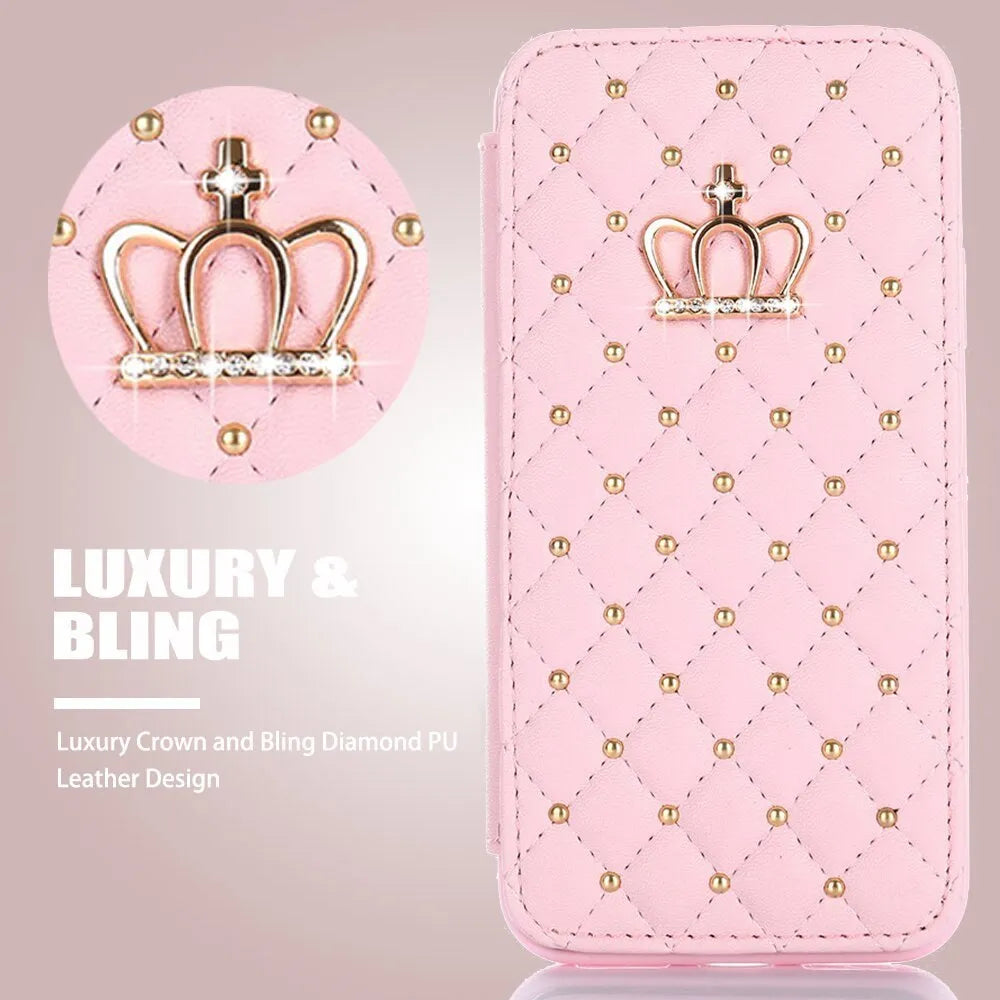 Crown Card Leather Case for Samsung Galaxy phone in flip style with card holder, black colour