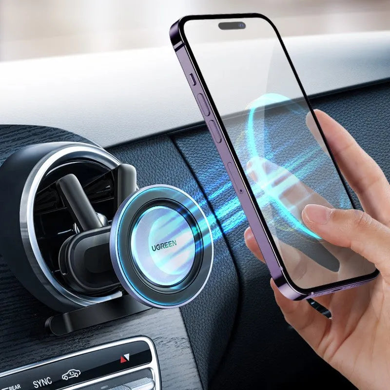 Black magnetic suction phone holder for car air outlet with N52 neodymium magnet and 360-degree rotation, 67g.