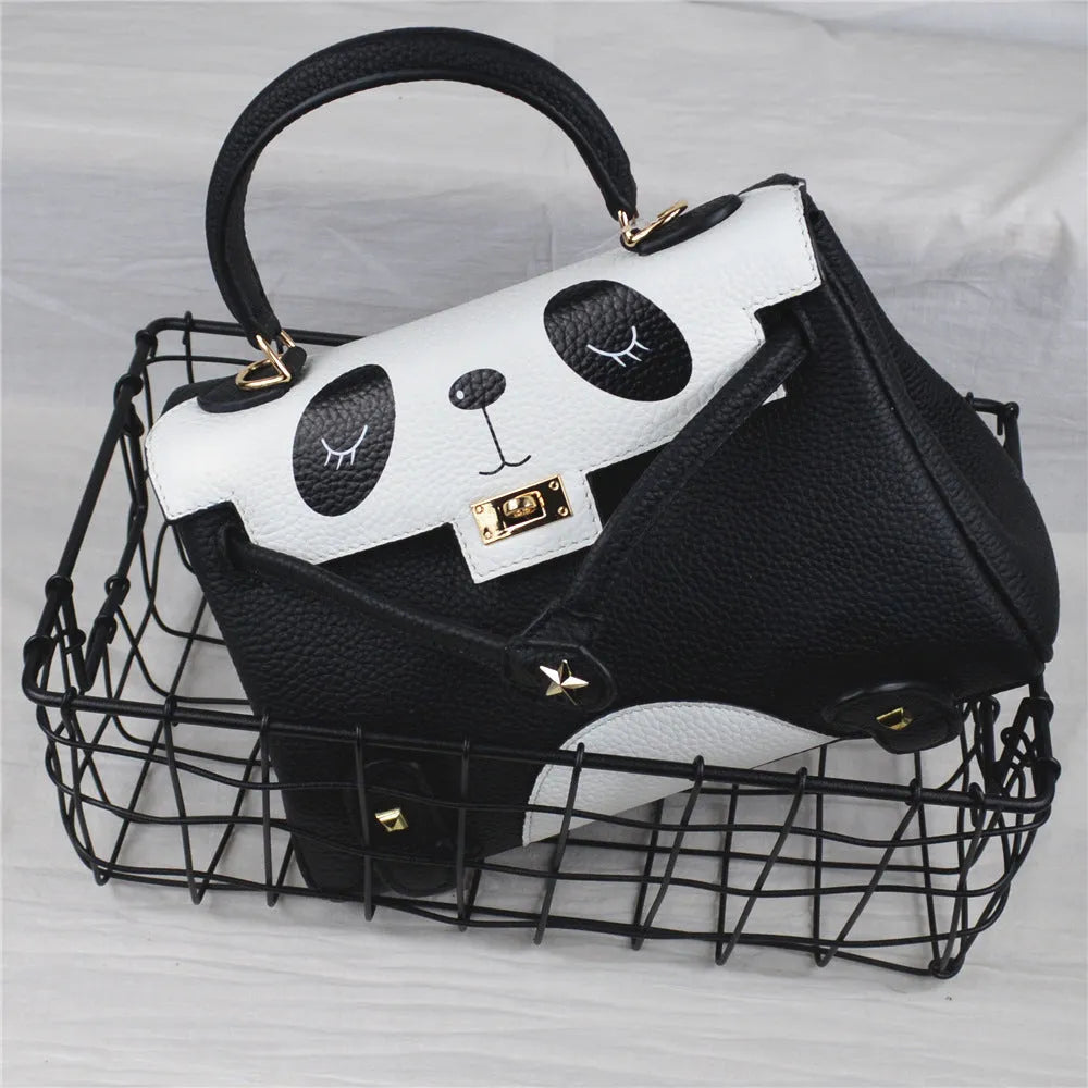 Panda print cow leather handbag with square shape in horizontal orientation