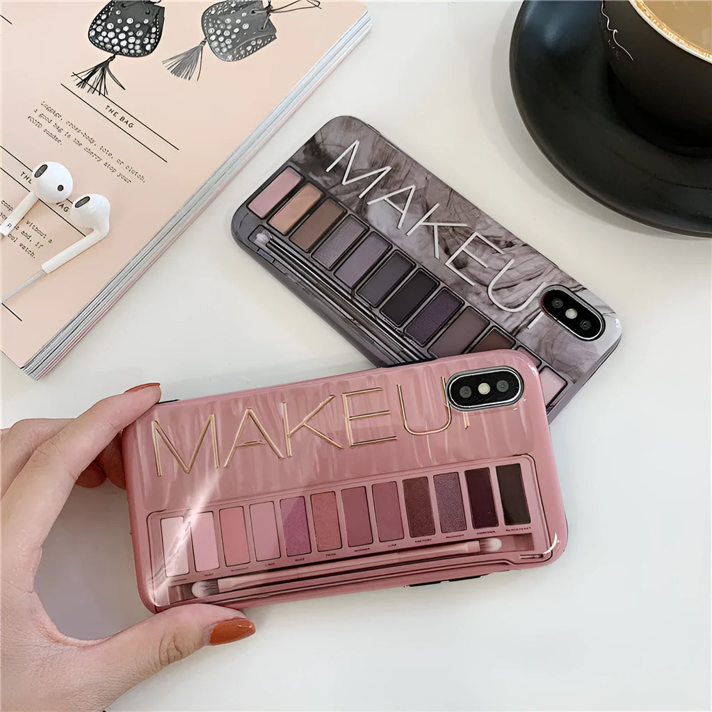 Silicone iPhone case with eye shadow cosmetic design in flesh or grey colour
