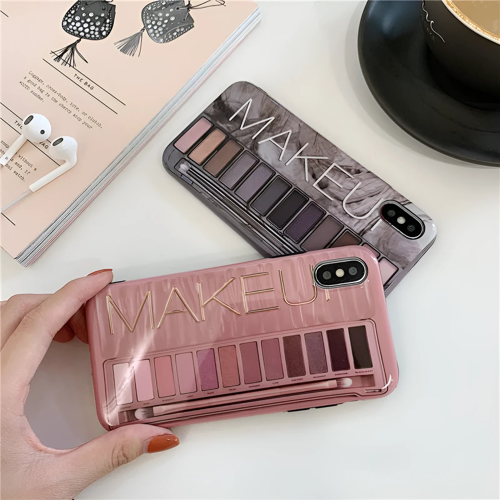 Silicone iPhone case with eye shadow cosmetic design in flesh or grey colour