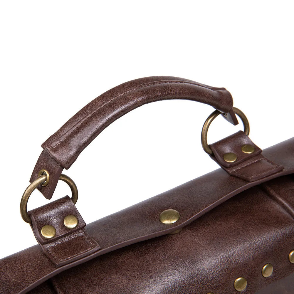 Bronze steampunk industrial retro shoulder bag with metal details and horizontal square pillow shape