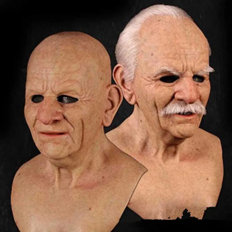 Latex old man mask with white hair and white beard for Halloween fancy dress