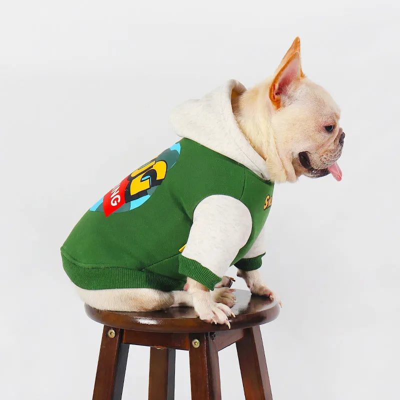 Green cotton dog jumper or coat for larger breeds in sizes L, XL, 2XL, 3XL, and 4XL.