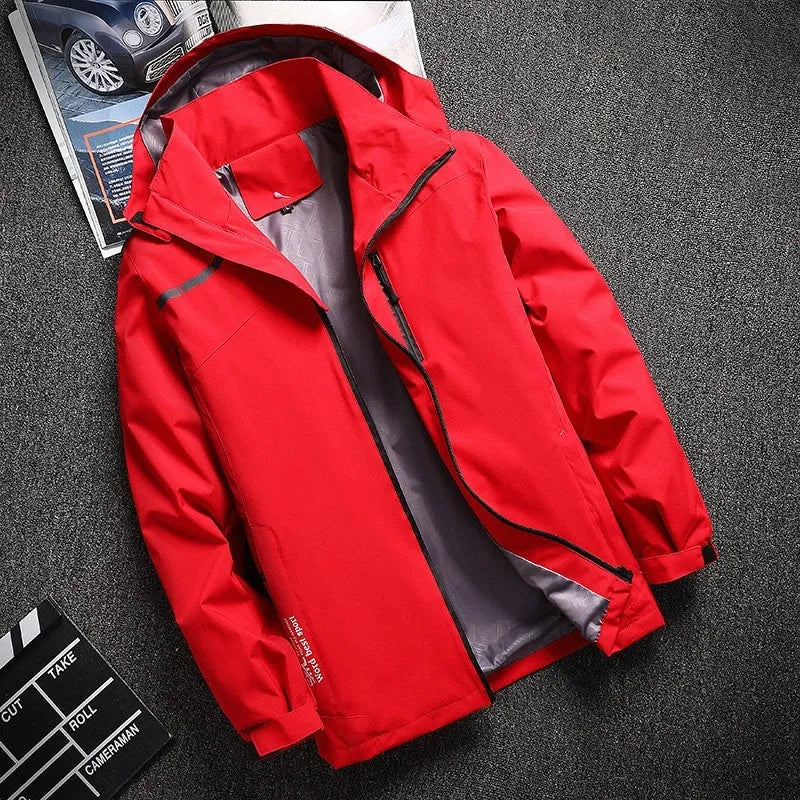 Thin waterproof windproof outdoor casual jacket in polyester with hooded loose fit, available in multiple colours and sizes L to 7XL