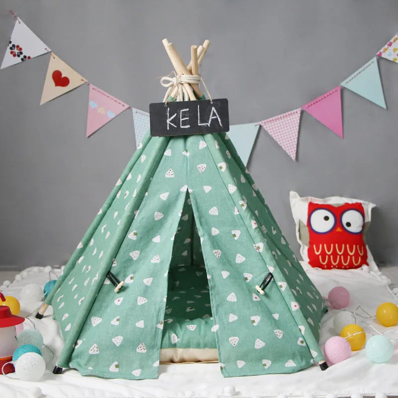 Green triangular pet tent kennel with cotton cover and wood stick frame for small dogs and cats