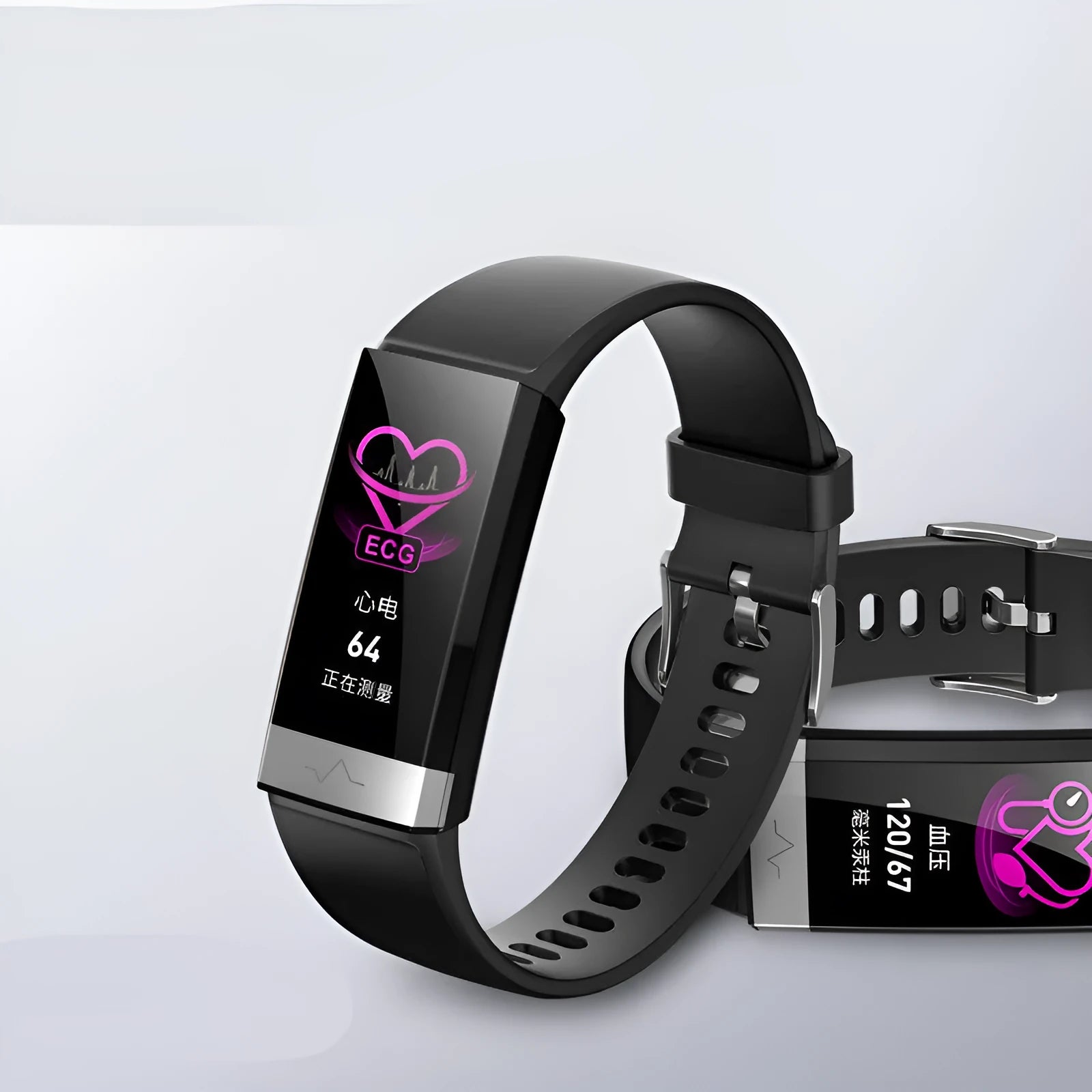 V19 smart fitness tracker in black on a wrist, showing health metrics on its colour screen.