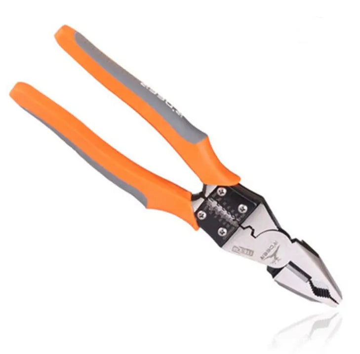 Orange multi-function wire cutter pliers with alloy steel head and textured PVC handles.