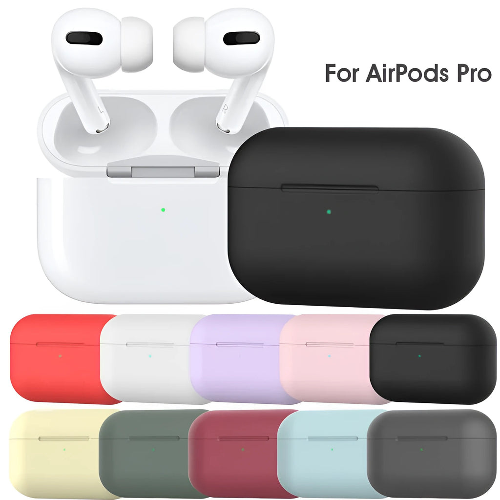 Soft silicone protective cover for AirPods Pro wireless headphones shown in multiple colour options.