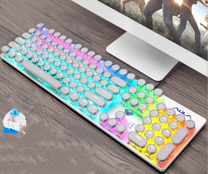 Steampunk wired mechanical keyboard with gold-plated keycaps and metal panel, black blue colour