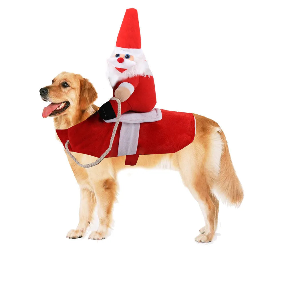 Santa Claus horseback riding pet costume in cloth, styles Brown, Christmas doll, Old man doll, sizes S to XL.