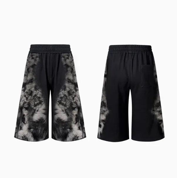 Street trendy printed trousers set with hoodie and seven-inch pants in loose fit design