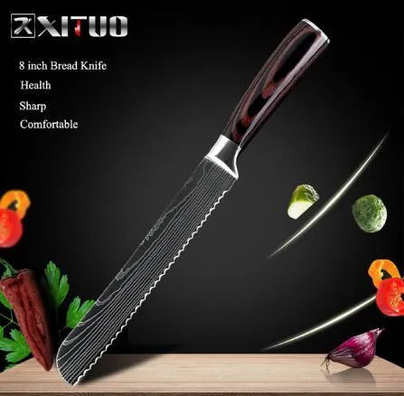 7Cr17 stainless steel chef knife with 18cm blade, laser Damascus pattern, and coloured wood handle