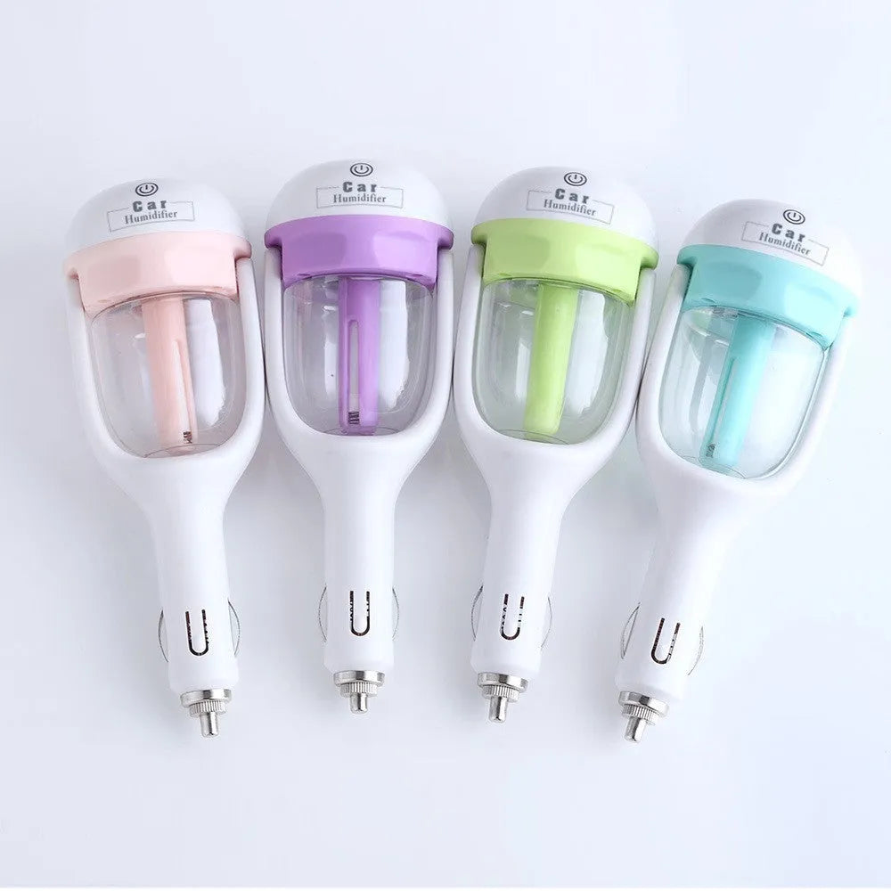 Mini 12V car humidifier in blue with 50ml tank, 57x56x164mm, for car or travel use