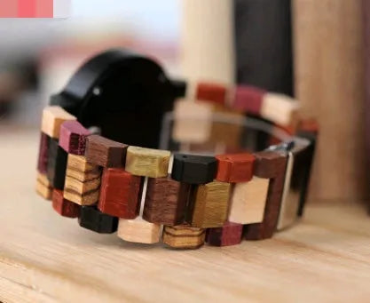 Men's casual wooden quartz watch with 45mm round dial, week calendar, wood strap, and stainless steel buckle