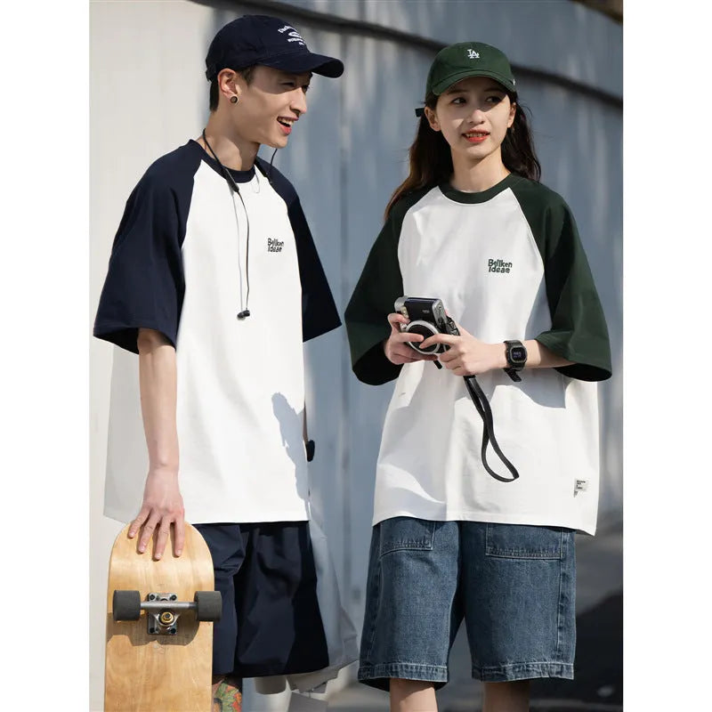 Men's blue casual Japanese-style T-shirt with raglan sleeves on a hanger