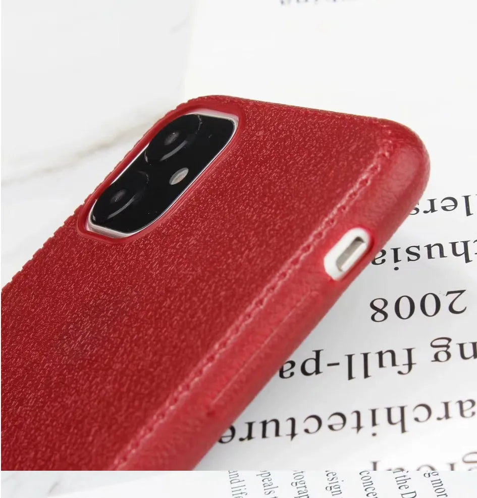 Slim leather and TPU iPhone case shown in black, brown, navy blue, and wine red colours