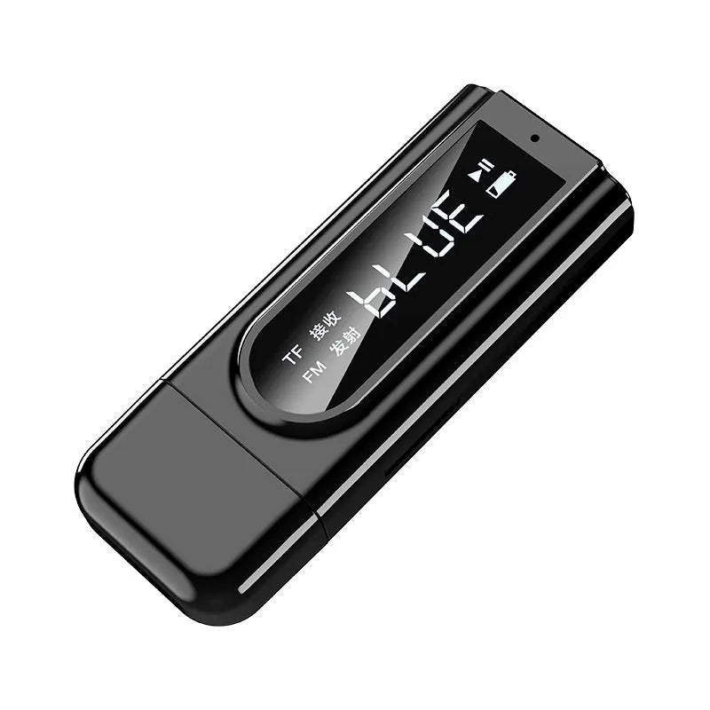 Black USB car FM Bluetooth receiver with AUX input for wireless audio streaming