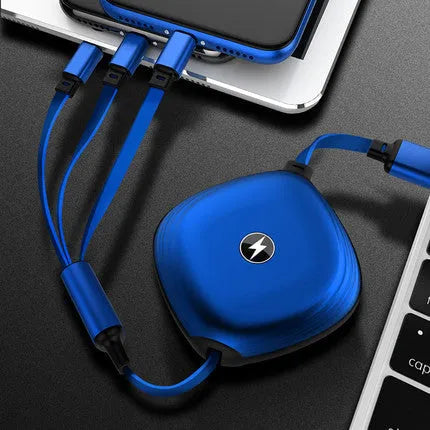 3-in-1 telescopic charging cable extended to show connectors with 120cm TPE cable and titanium alloy plugs.