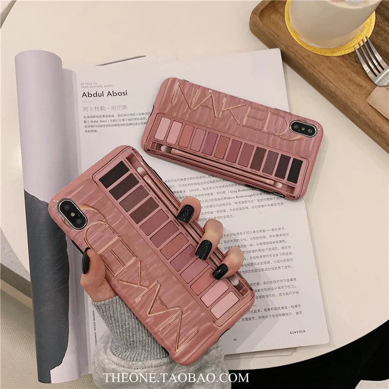 Silicone iPhone case with eye shadow cosmetic design in flesh or grey colour