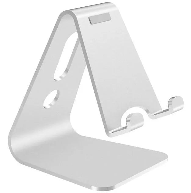 Aluminium alloy universal phone and tablet holder in black, red, rose gold, or silver.