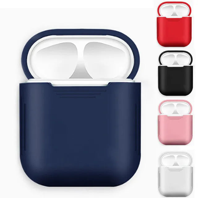 Silicone protective case for Apple AirPods in multiple colours, showing shockproof earmuffs and anti-lost rope attachment.