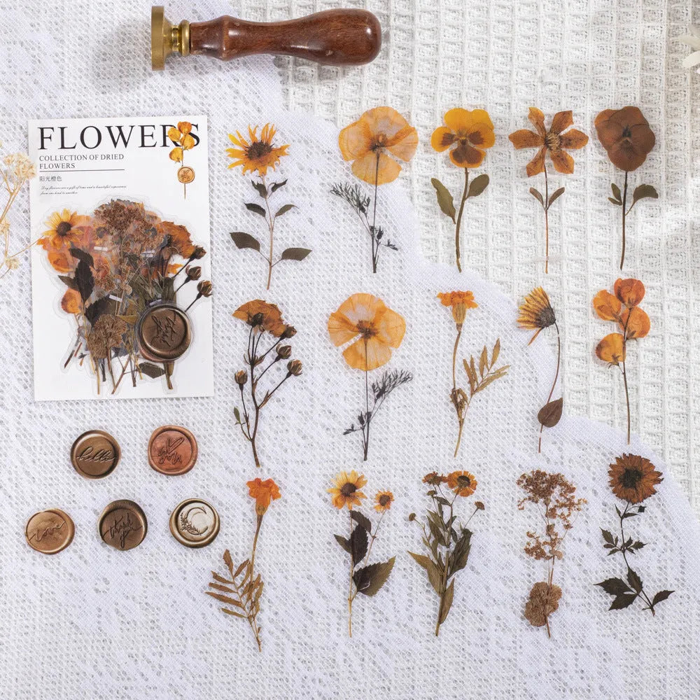 Square 70mm dried flowers journal stickers in eight artistic colour styles including dark night purple and rose nebula