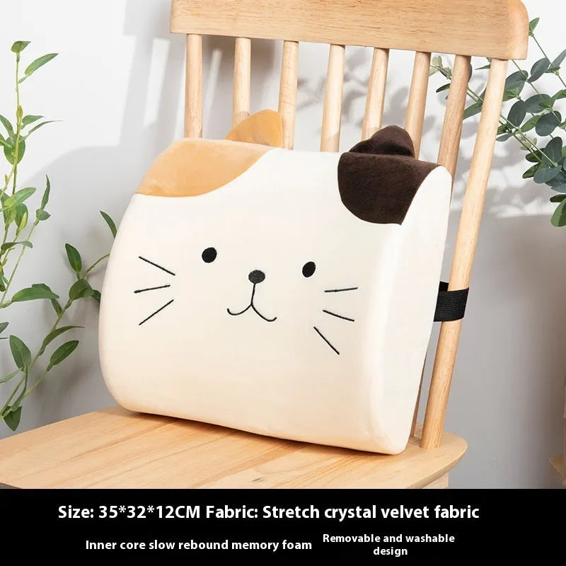 Cartoon cat memory foam lumbar back pillow in beige with embroidered details and tassels, removable cover