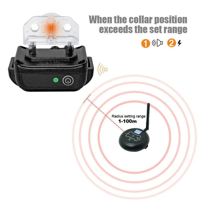 Wireless pet fence training collar with transmitter, IP67 waterproof, adjustable signal, 150m range, fits 25 inch neck
