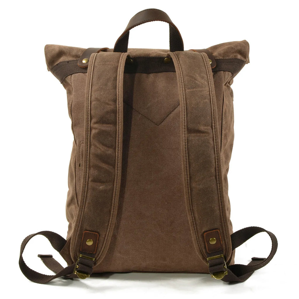 Waterproof canvas rucksack with linen lining, 20-35L capacity, softback design, shown in black, coffee, or celadon colour options.