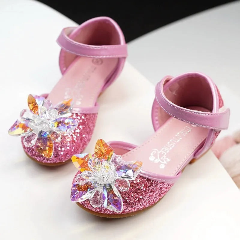 Girls crystal rhinestone shoes in pink with shiny fabric upper and cotton lining