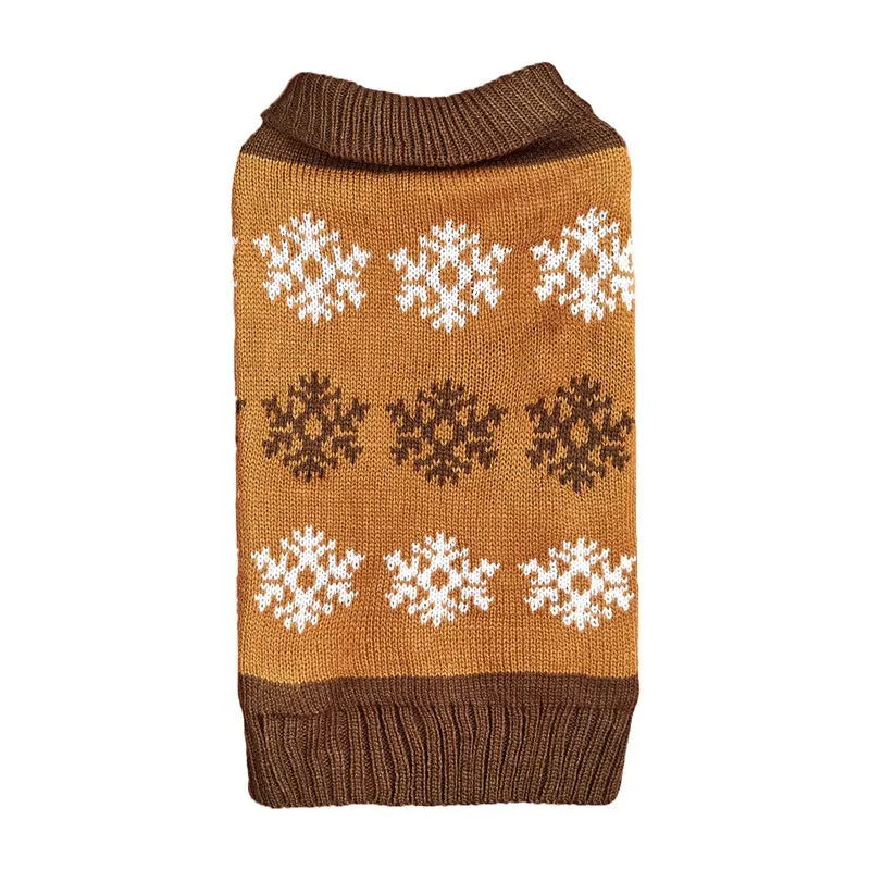Grey and brown snowflake pattern dog Christmas sweater on pet model showing acrylic knitted construction