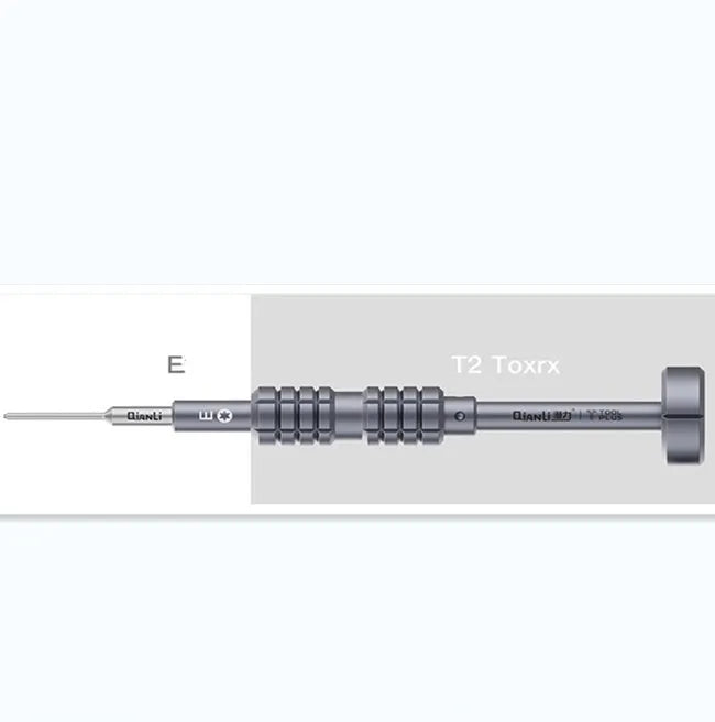 Compatible iPhone precision screwdriver with five bit types in a grenade-shaped aluminium handle.