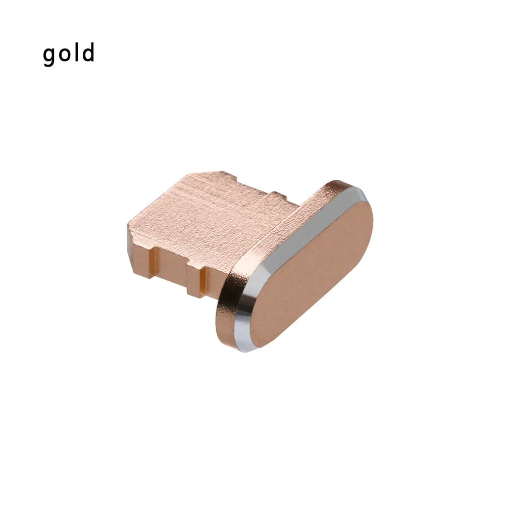 Aluminium alloy iPhone charging port dust plug in various colours including gold, silver, blue, and rose gold.