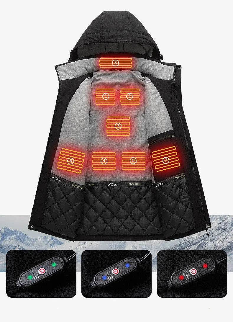 Smart thermostat heated jacket with USB power bank in Army Green, 90% nylon spandex shell and polyester lining