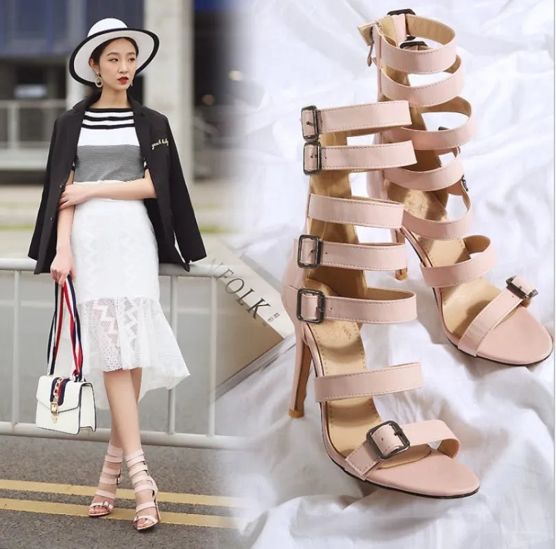 British high tube high heel sandals for women with belt buckle, Black colour