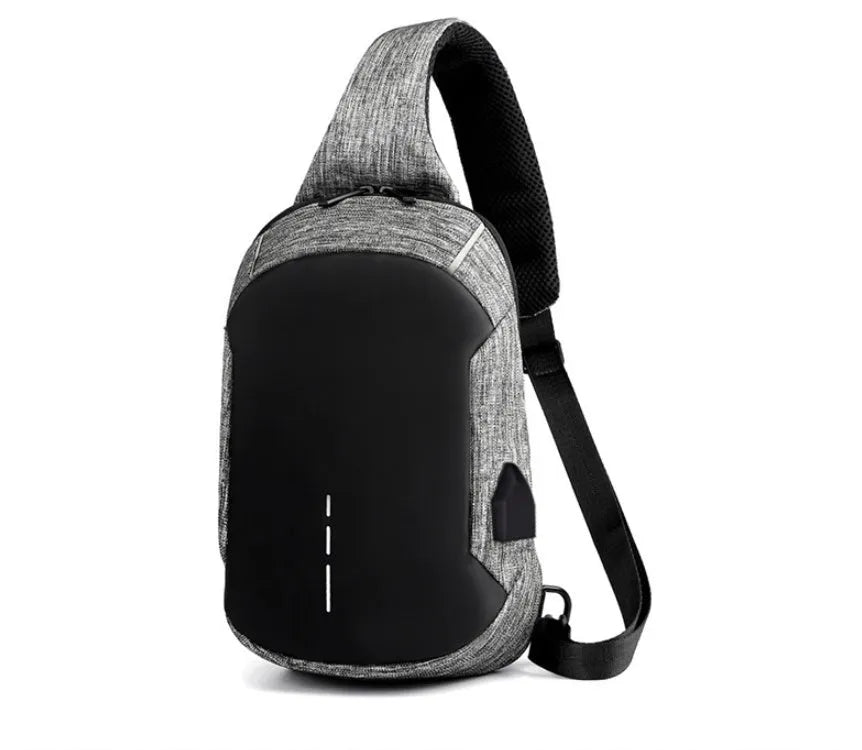 Oxford cloth waterproof chest bag showing front zipper opening and adjustable strap in dark blue colour