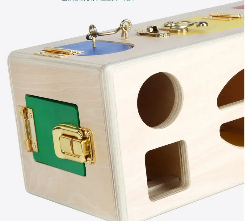 Wooden shape lock box educational toy with 12 pieces for preschool learning