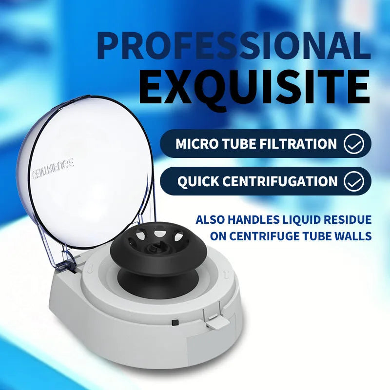 Mini laboratory electric centrifuge unit on a bench, showing compact size.
