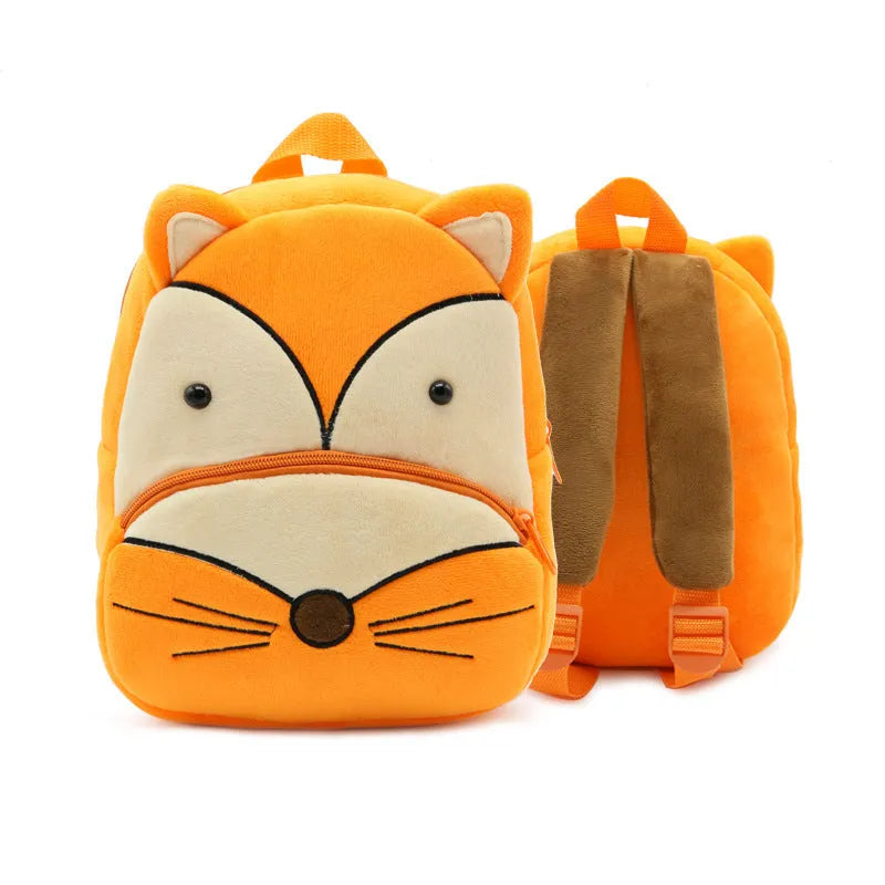 Children's plush animal backpack with elephant design showing dimensions and zipper opening