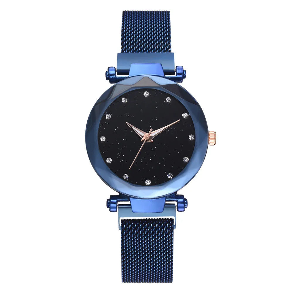 Women's alloy watch and bracelet set with starry sky dial, magnet buckle, and 33mm case