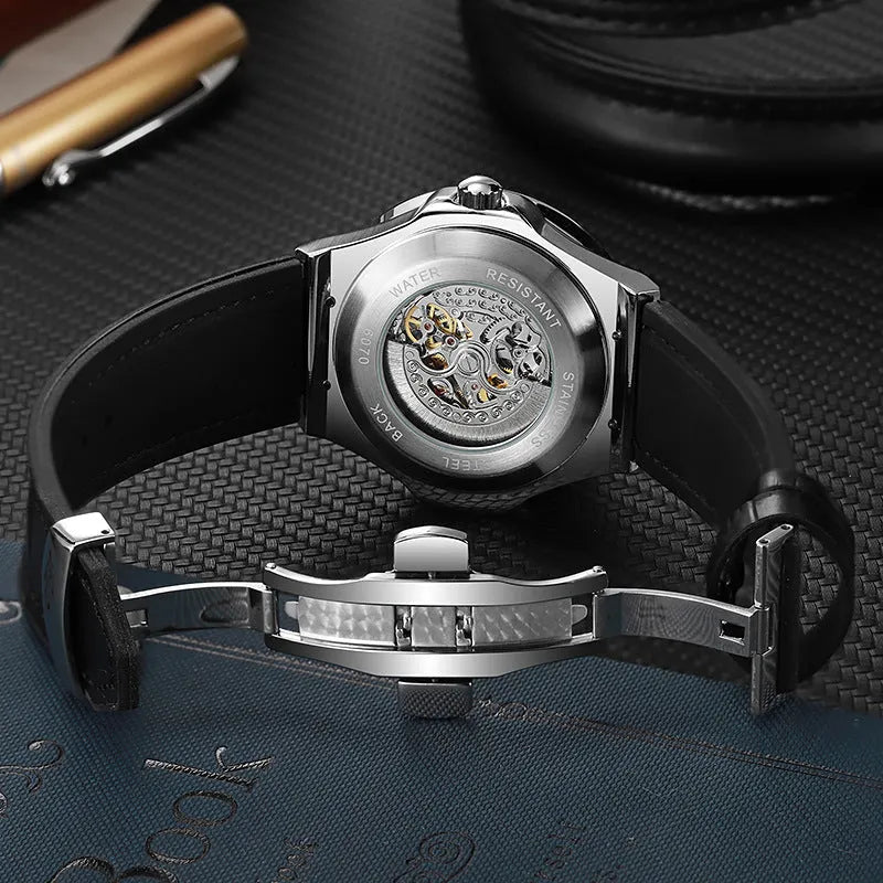 Men's automatic mechanical watch with hollow movement and diamond accents on white shell case