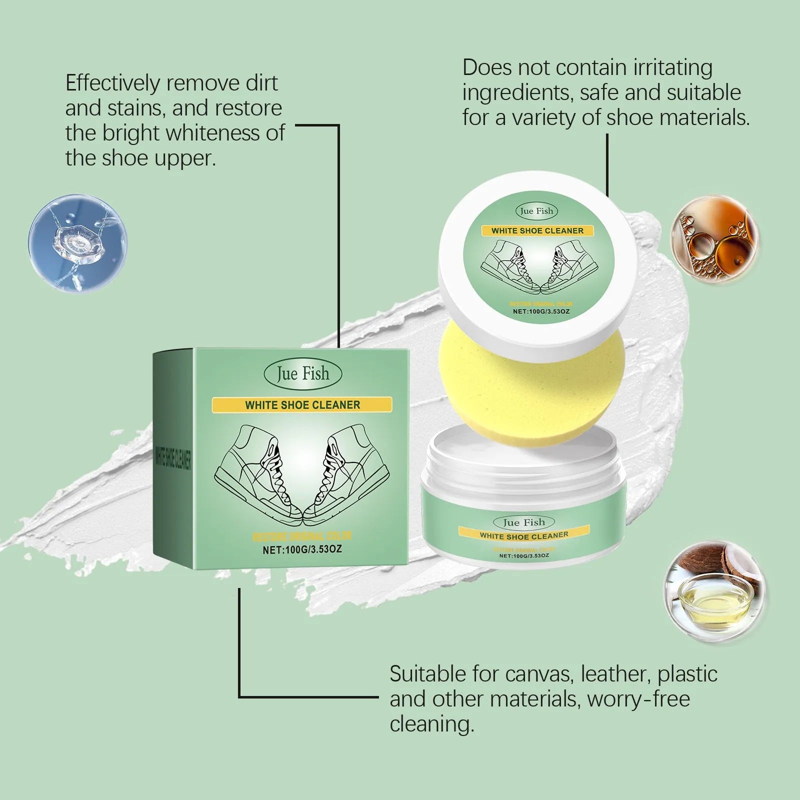 White shoe cleaning cream in a 100g tub with a sponge for portable stain removal